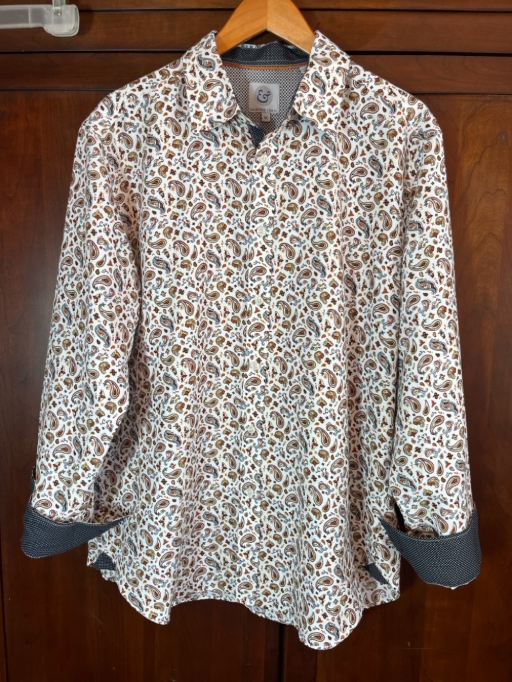Kilburne Finch Men's Shirt L White Navy Rust Paisley with Poka Dot Flipp Cuffs